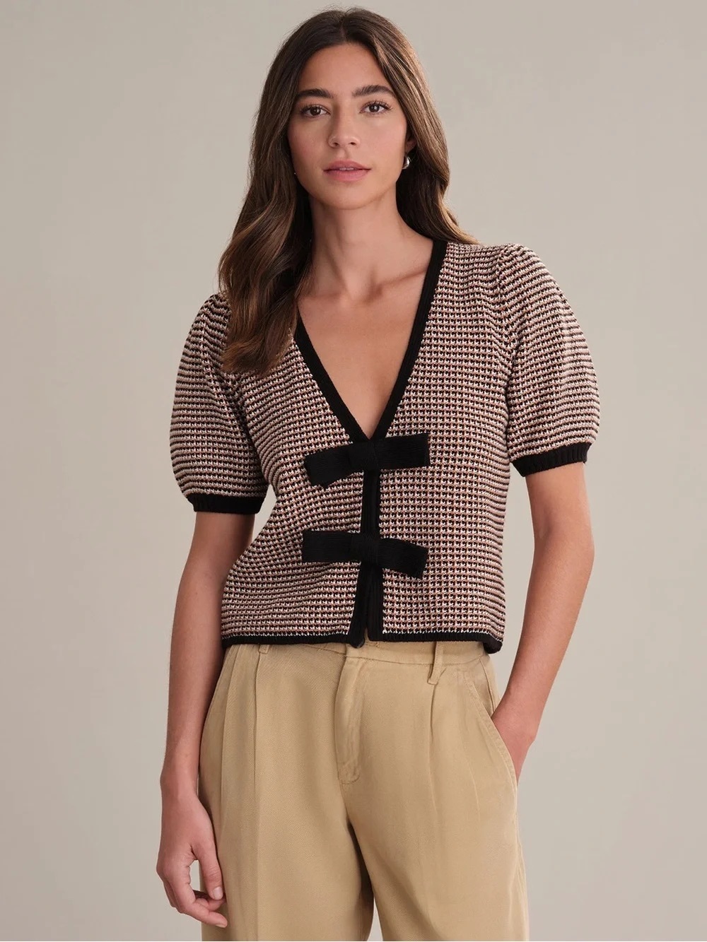 525 America Short-Sleeve V-Neck Cardigan Sweater - Beige & Black